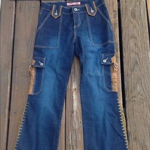 Vanilla Star Juniors Blue Jeans Sz 3 XS Lace Up Brown Crocheted Denim Pockets